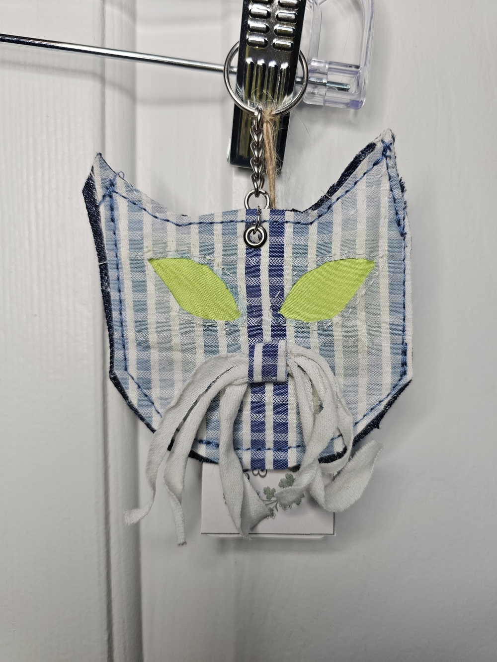 coriander & cumin Handmade Blue Plaid Cat Keychain with Lime Eyes OS